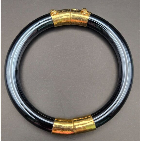 Vintage Black Glass and Goldtone Hinged Bangle Bracelet Chinese Export - Picture 4 of 9